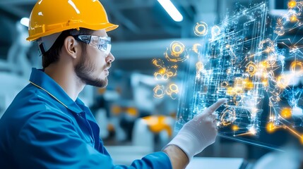 An engineer interacts with advanced technology in a modern industrial setting, showcasing innovation and digital transformation.