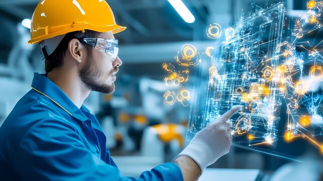 An engineer interacts with advanced technology in a modern industrial setting, showcasing innovation and digital transformation.
