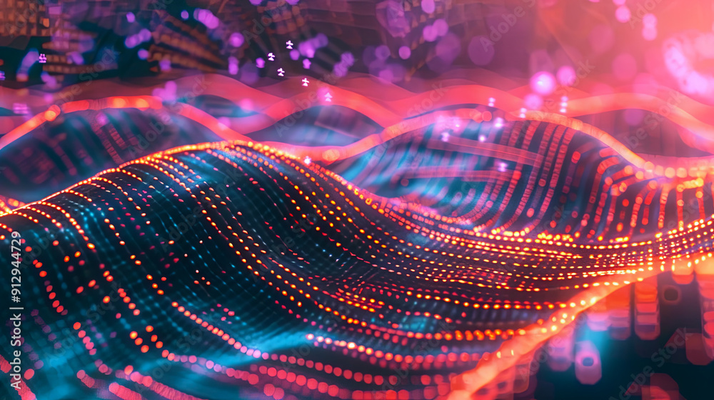 Poster abstract digital landscape with flowing particles and energy dots big data visualization cyber or te