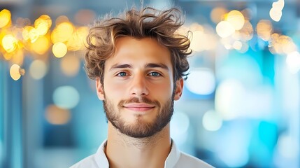 Cheerful young man with curly hair and a friendly smile, captured in a bright atmosphere with warm bokeh lights in the background.