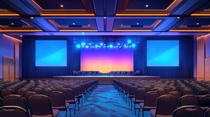 A large conference stage with LED screens and vibrant lighting, set in an elegant theater-like environment for the business event, featuring comfortable seating and a grand atmosphere.