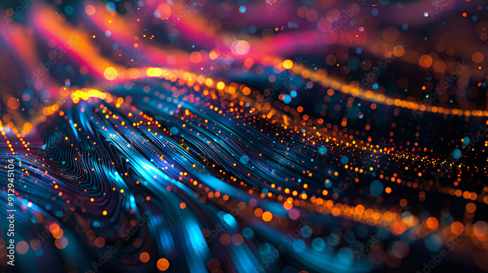 Poster Abstract background with animation of waving and flickering particles digital backdrop technology concept abstract colorful background three dimensional rendering big data visualization