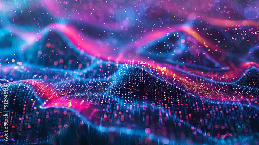 Fototapete Abstract colorful wave background Big data visualization Network connection structure 3D rendering Digital background with flowing particles Cyberspace grid technology background with connecting dots