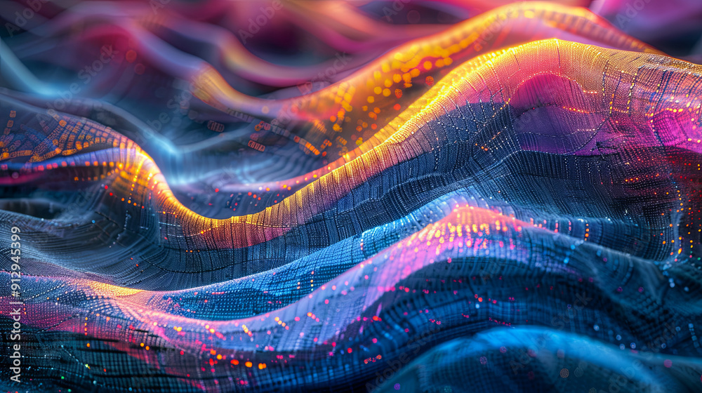 Fototapete Abstract colorful wave background with connecting dots and lines network connection structure big data digital background 3d rendering