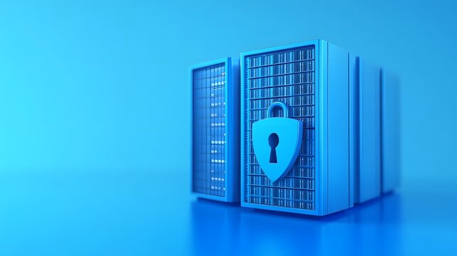 3D render of a secure server data center with a padlock icon, illustrating cybersecurity and data protection.