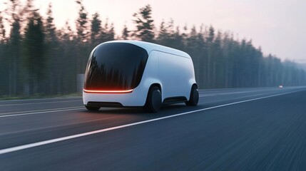 Fototapeta premium White electric car driving on a winding road through a green field.