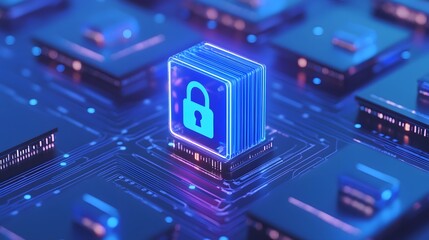 Fototapeta premium 3D render of digital lock icon on a blue circuit board representing cybersecurity and data protection technology.