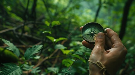 Hand holding compass in green foliage.