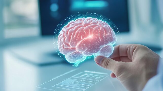 A transparent model of a human brain on a glass display stand.