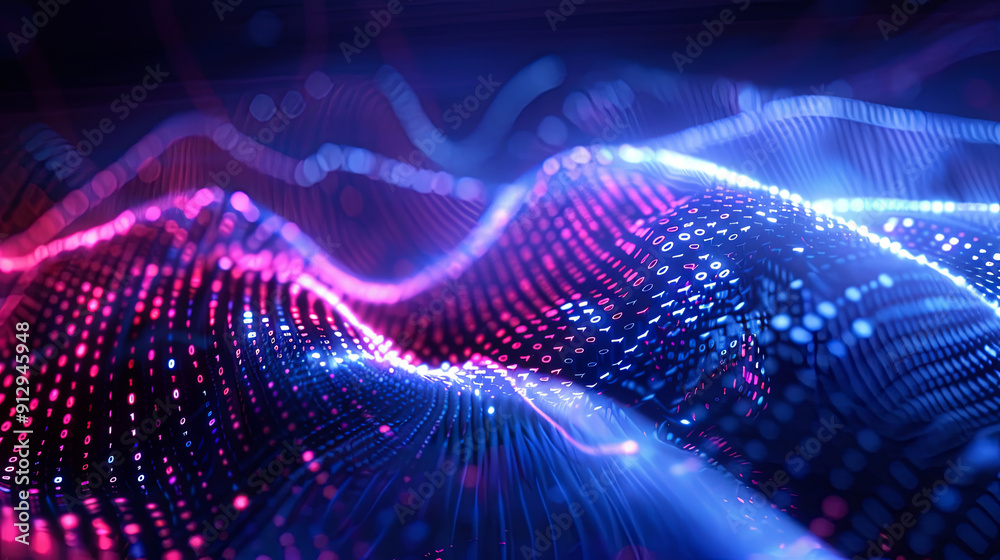 Poster binary code waves digital network futuristic technology data science
