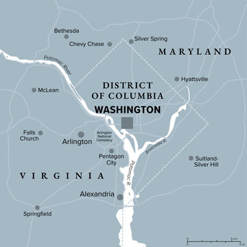 Washington, D.C., gray political map. District of Columbia, capital city and federal district of the United States. Located on Potomac River, across from Virginia, sharing land borders with Maryland.