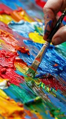 Fototapeta premium Close-up of a hand holding a paintbrush over a vibrant palette.