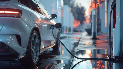 Electric car charging at a charging station.