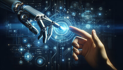A human hand reaches out to touch a robotic hand, symbolizing the connection between human and artificial intelligence.