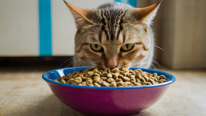 A cat is eating food from a white plate. The cat is looking at the camera with a curious expression