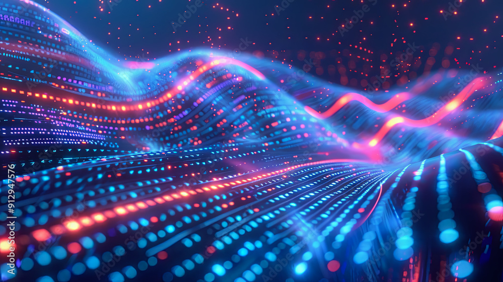 Poster abstract digital wave technology background with flowing curves lines and dots network structure big