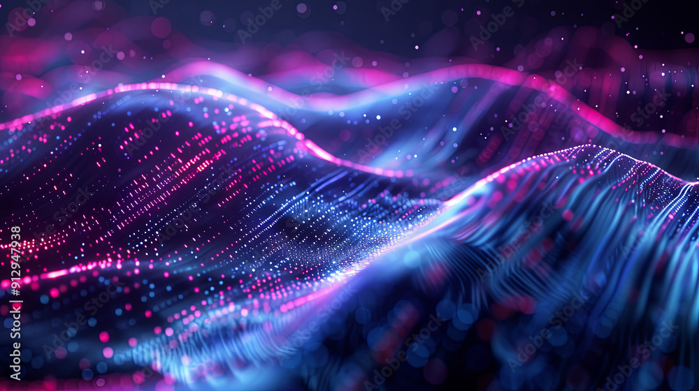 Poster abstract background flowing digital particles waves technology futuristic data network connection co