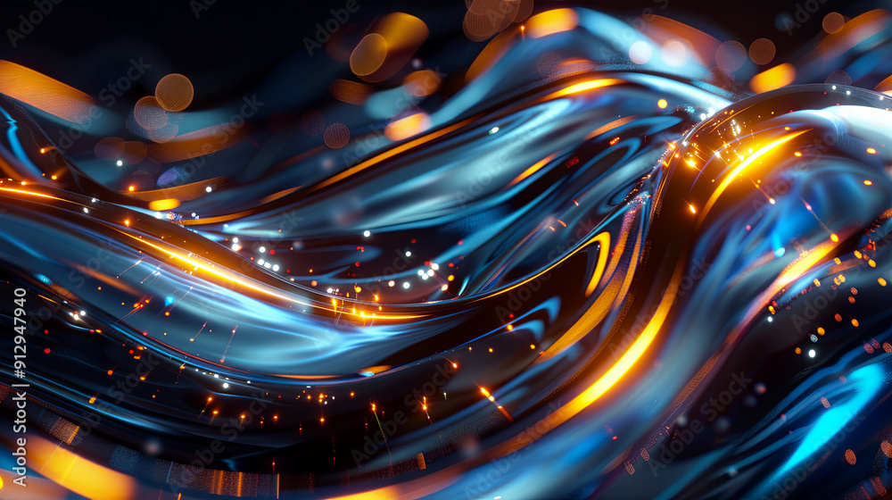 Sticker abstract background with blue and orange neon waves motion lines and bokeh blurry lights particles g