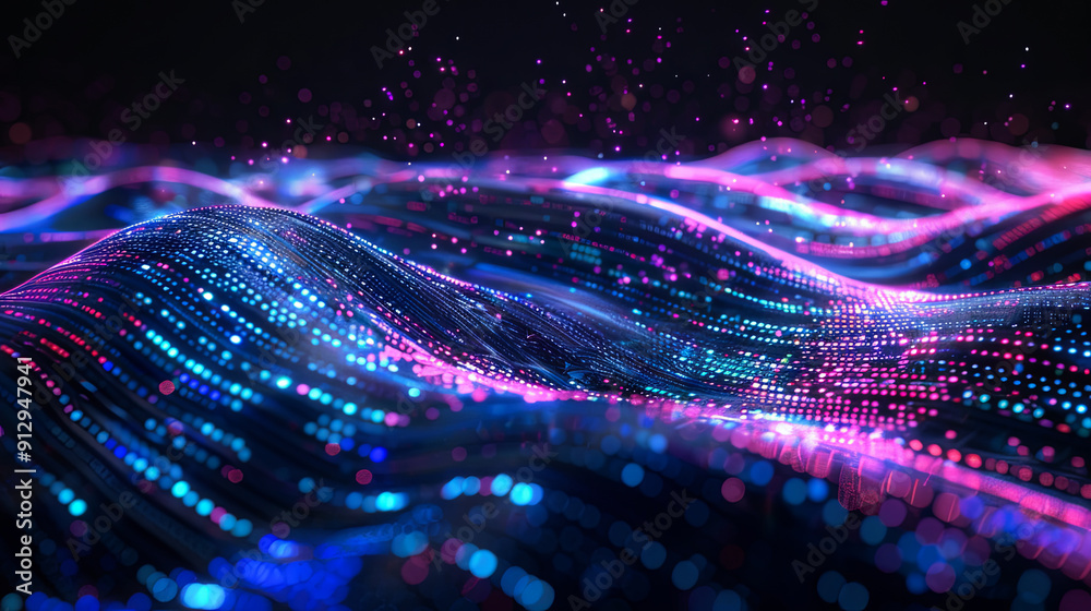 Poster abstract digital wave background with flowing particles cyber or technology background with glowing 