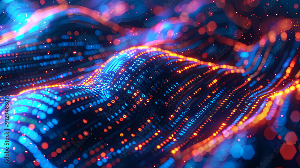 Poster Digital landscape data stream cyberspace big data flow wave particles binary code futuristic technology background