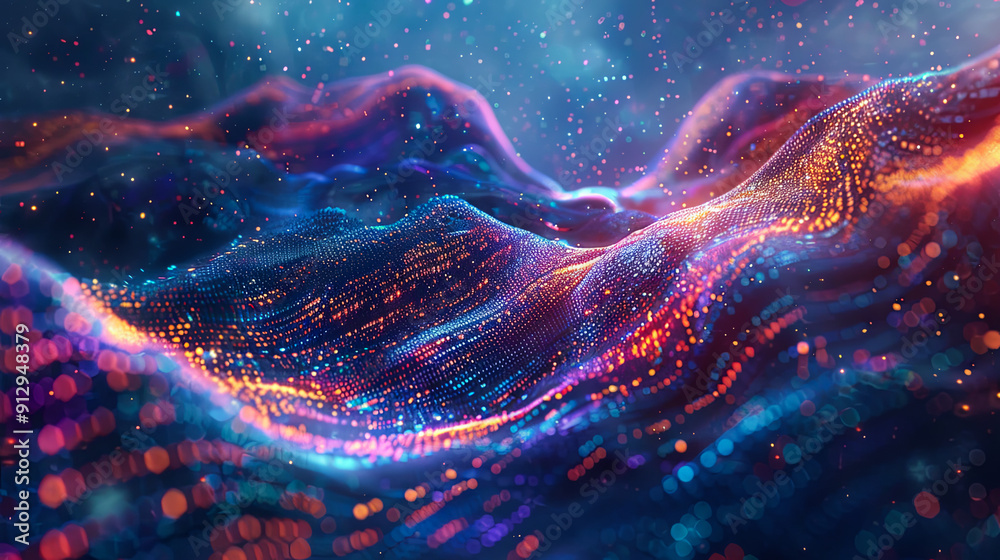 Poster abstract digital landscape with flowing particles cyber technology background big data visualization