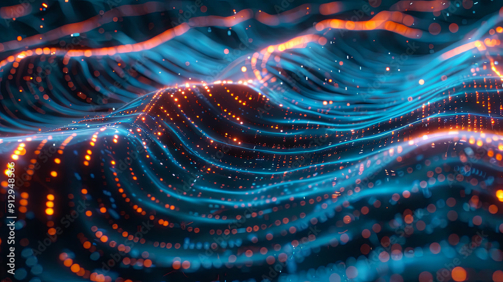 Poster abstract digital wave particles flow background cyber technology big data futuristic wave lines glow