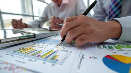 Generate a photo realistic image of a construction project team reviewing cost estimations, with detailed financial charts and budgeting reports; ensure the image is of high resolution for clear 