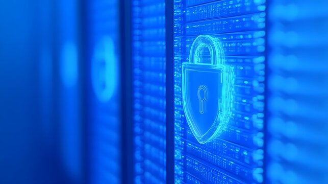 A close-up of a secure server room with digital padlock icons, symbolizing data security and protection in a blue-tinted environment.