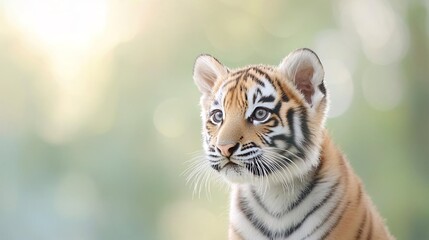 Close-up of a cute tiger cub looking up with a soft, blurred background.