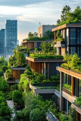 Fototapeta premium Modern buildings integrated with green gardens in a smart city setting
