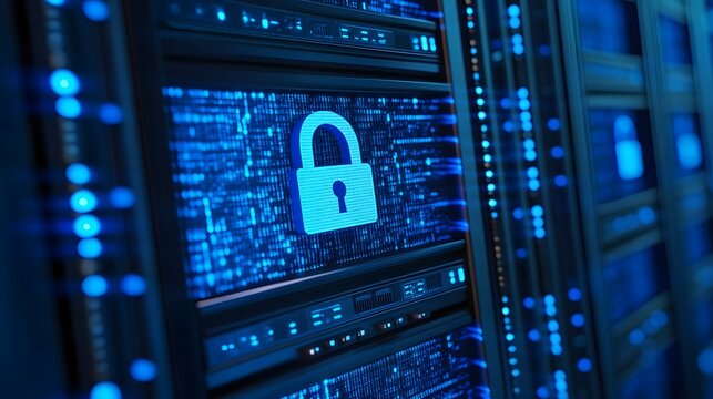 A digital lock icon on a server rack, representing cybersecurity and data protection in a network environment. Blue lighting and secure server.