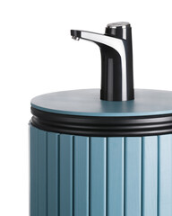 Stylish Wooden Blue Water Dispenser With Electric Pump Isolate On White Background. Water Cooler For Home And Office. Tubus, Bottle Case. Side View. Close-up. Copy Space. High quality photo