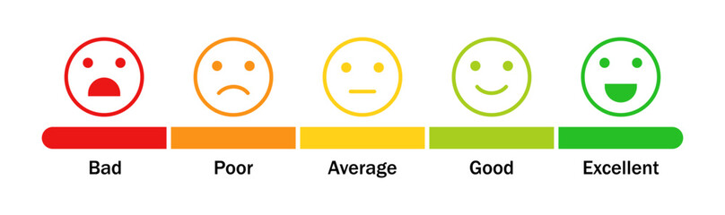 Rating emojis set in different colors outline. Set of feedback rating emoji icon. Flat icon set of feedback rating emojis icons color outline. Rating emoji emotion levels. Vector illustration.