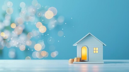 Naklejka premium Three wooden houses with dollar signs in front of a sunset background.