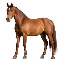 Fototapeta premium A bay horse with a black mane and tail stands alertly, its coat gleaming. Transparent PNG for easy isolation. Ideal for equestrian, nature, or design projects.