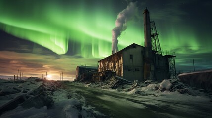 Fototapeta premium Abandoned factory with northern lights composite