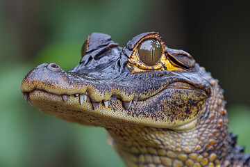 Fototapeta premium A spectacled caiman with its mouth closed, showing its rough skin.