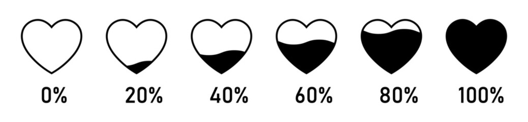 Heart with percentage heart meter level or gauge icon set in liquid filling style in black color on white background. 0 to 100 percent heart rating level vector icon set. Valentine's day love meter.