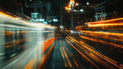Obraz premium Long exposure cinematic object of light trails from a train window, capturing the motion blur and creating an abstract background with blurred light streaks.