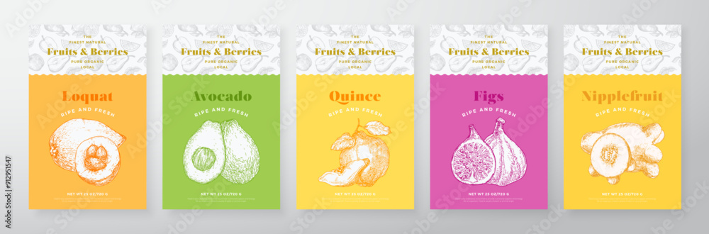 Wall mural Fruits and Berries Pattern Label Templates Set. Vector Packaging Design Layout Collection. Modern Typography Banner with Hand Drawn Avocado, Quince, Figs and Loquat Sketches Background Isolated