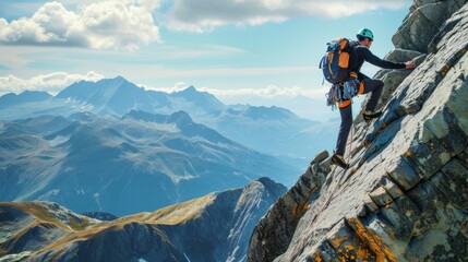 man climbing imposing mountain with more mountains in the background