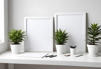 A minimalist living room white desk with a frame notebook, and a small potted plant