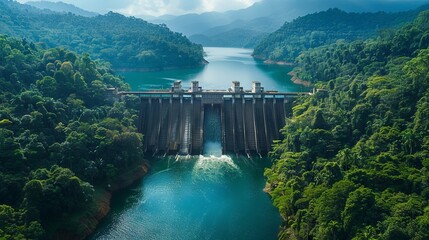 Aerial view of a large dam surrounded by lush forest
