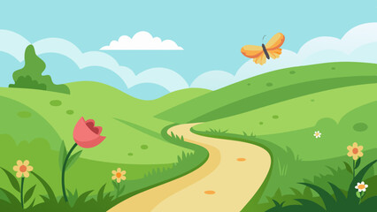Fototapeta premium A lush green meadow with wildflowers, a winding path, and a butterfly fluttering. Vector landscape illustration