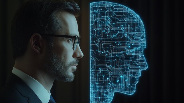 Businessman looking at digital human head with circuit board pattern