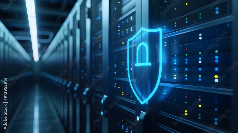 Poster a secure data center with servers and a digital shield, representing cybersecurity and data protecti