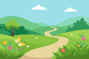 Obraz premium A lush green meadow with wildflowers, a winding path, and a butterfly fluttering. Vector landscape illustration