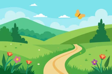 Gardinen A lush green meadow with wildflowers, a winding path, and a butterfly fluttering. Vector landscape illustration © Sumondesigner_42