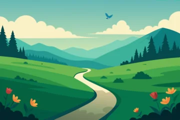 Gordijnen A lush green meadow with wildflowers, a winding path, and a butterfly fluttering. Vector landscape illustration © Sumondesigner_42