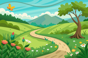 Fototapeta premium A lush green meadow with wildflowers, a winding path, and a butterfly fluttering. Vector landscape illustration